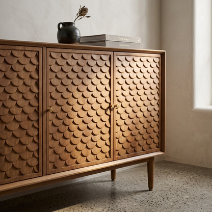 Scale-patterned wood sideboard close-up detail view