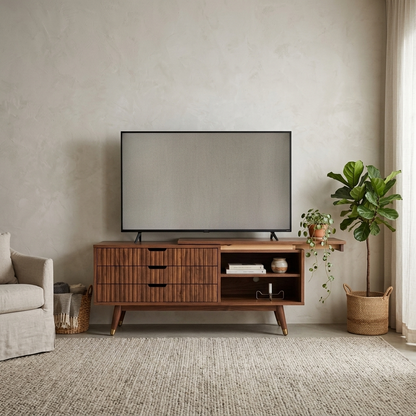 Walnut extendable TV stand styled in a room setting