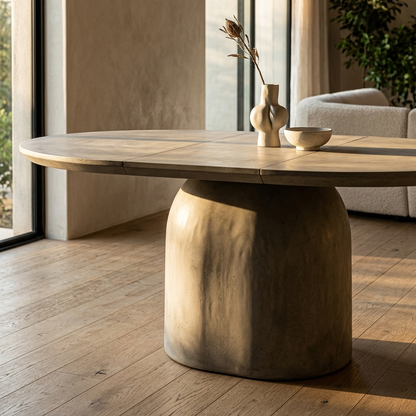 Concrete grey extendable pedestal dining table close-up detail view