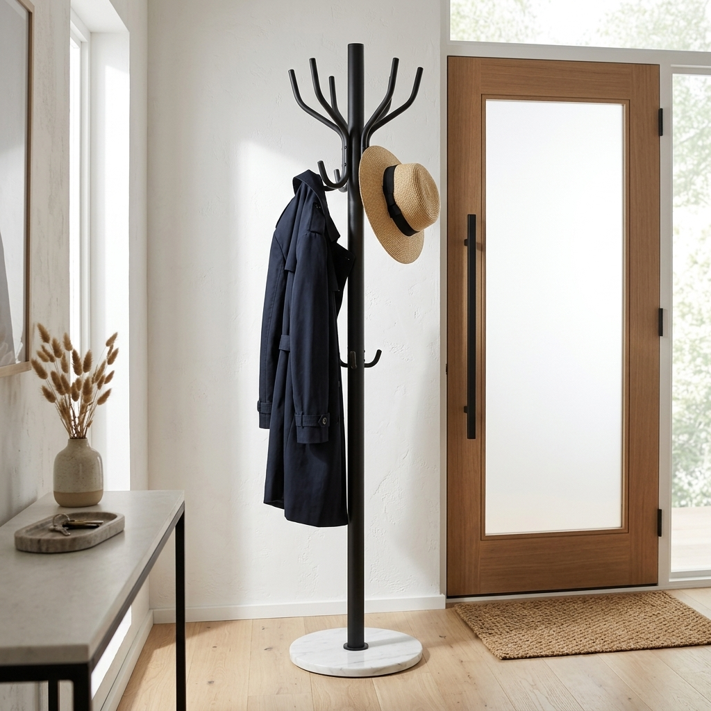Black metal coat rack with marble base styled in a room setting