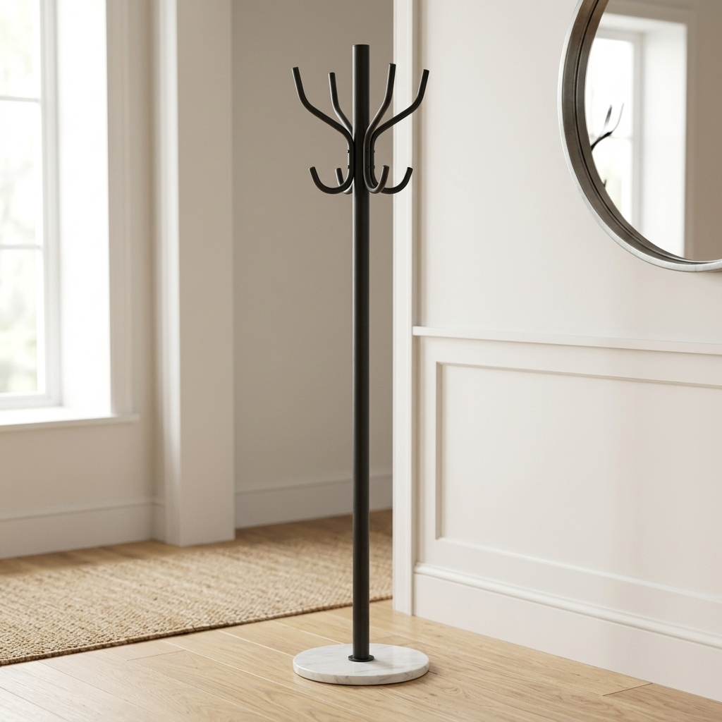 Black metal coat rack with marble base close-up detail view