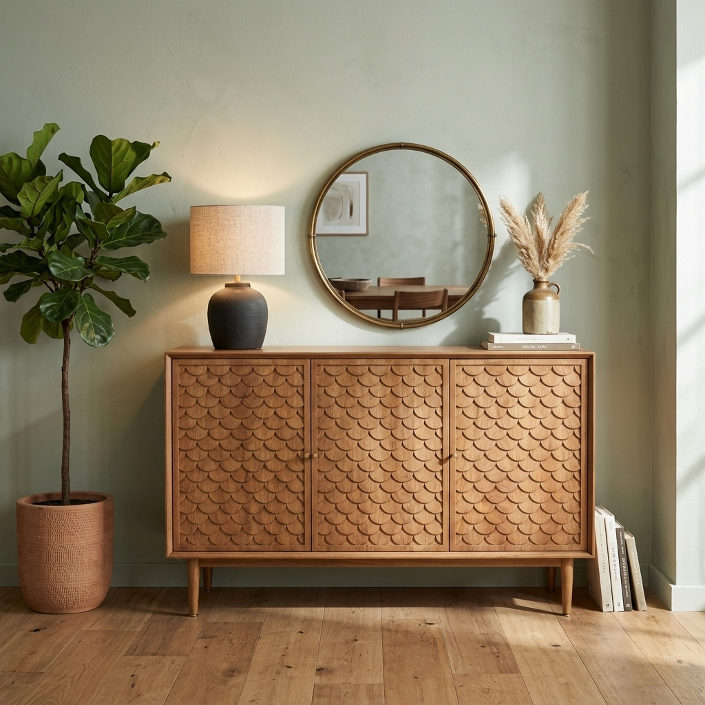 Scale-patterned wood sideboard styled in a room setting