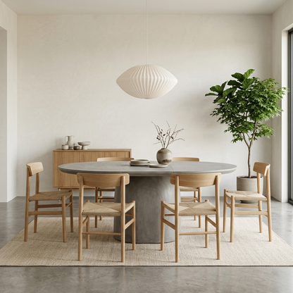 Concrete grey extendable pedestal dining table styled in a room setting