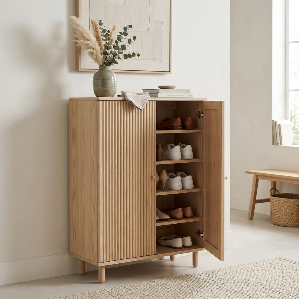 Ash wood fluted shoe storage cabinet angled lifestyle view