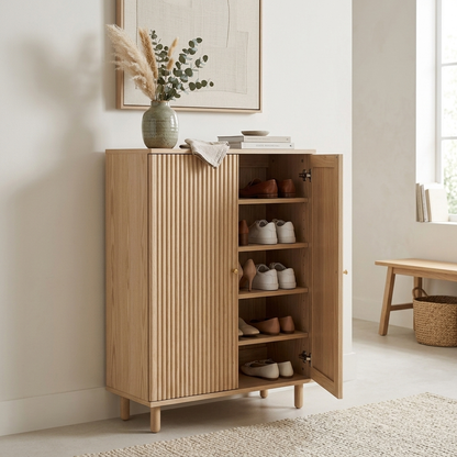 Ash wood fluted shoe storage cabinet angled lifestyle view