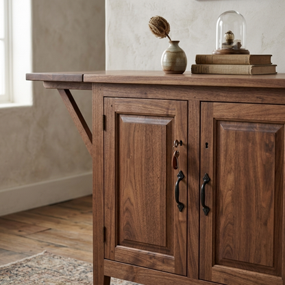 Farmhouse walnut sideboard with extendable top close-up detail view