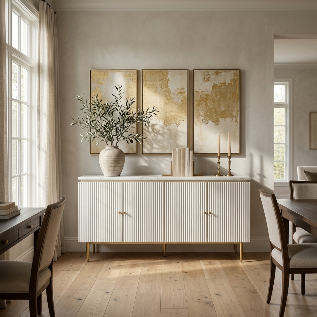 White fluted buffet sideboard with stone top styled in a room setting