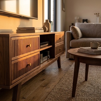 Walnut TV stand and coffee table set close-up detail view