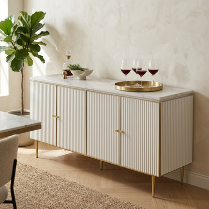 White fluted buffet sideboard with stone top angled lifestyle view