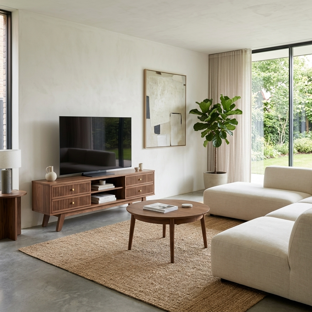 Walnut TV stand and coffee table set styled in a room setting