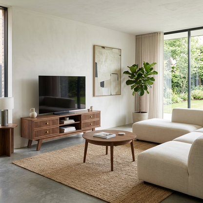Walnut TV stand and coffee table set styled in a room setting