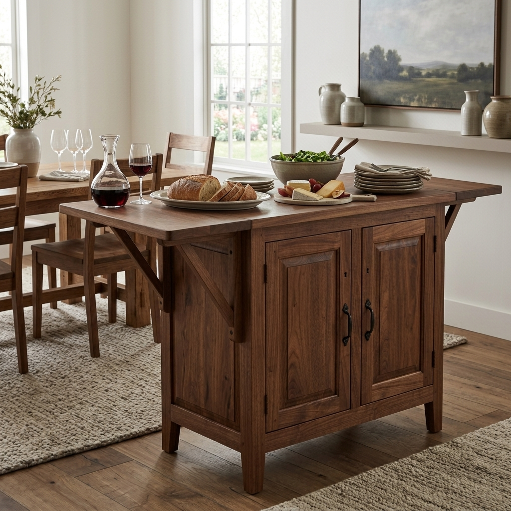 Farmhouse walnut sideboard with extendable top angled lifestyle view