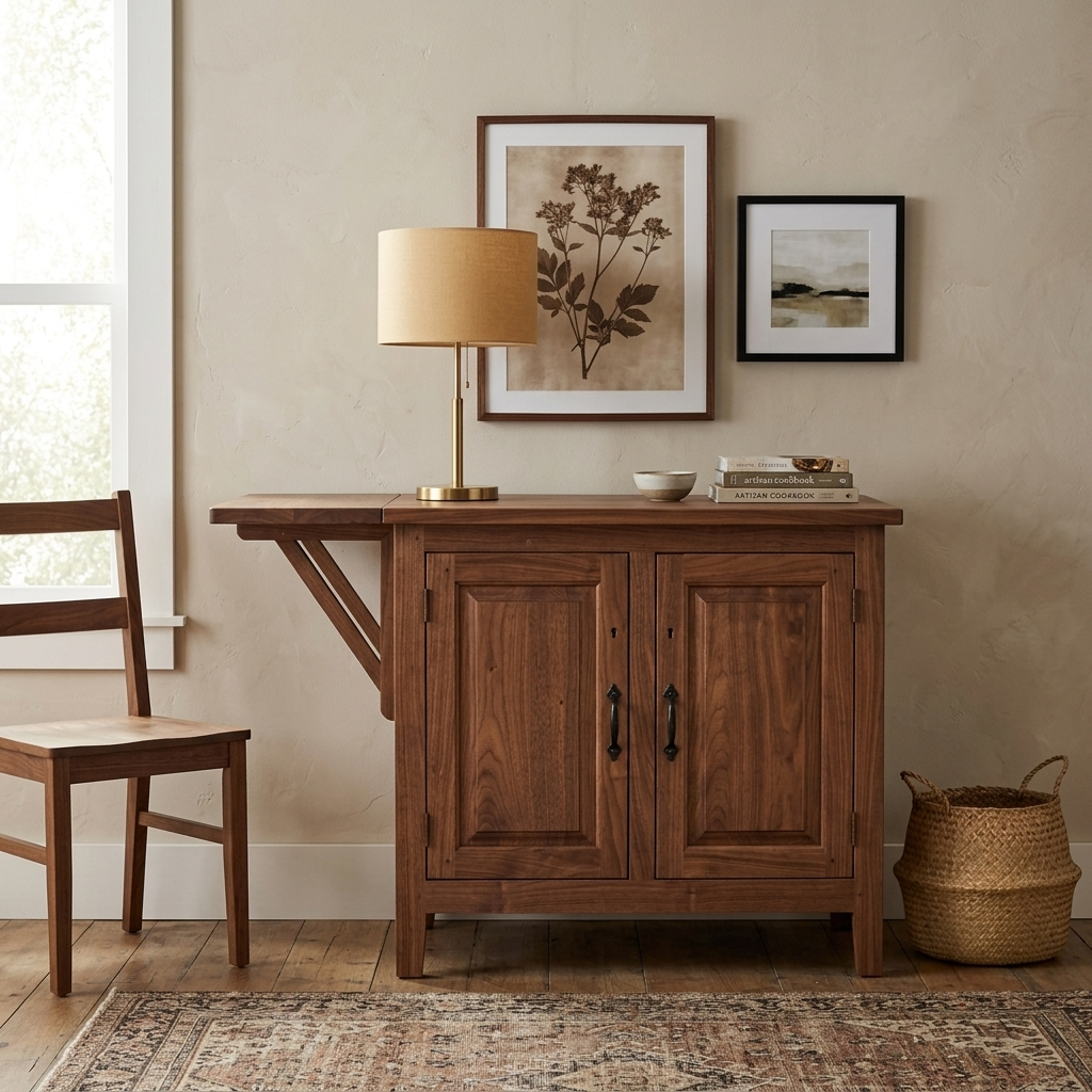 Farmhouse walnut sideboard with extendable top styled in a room setting