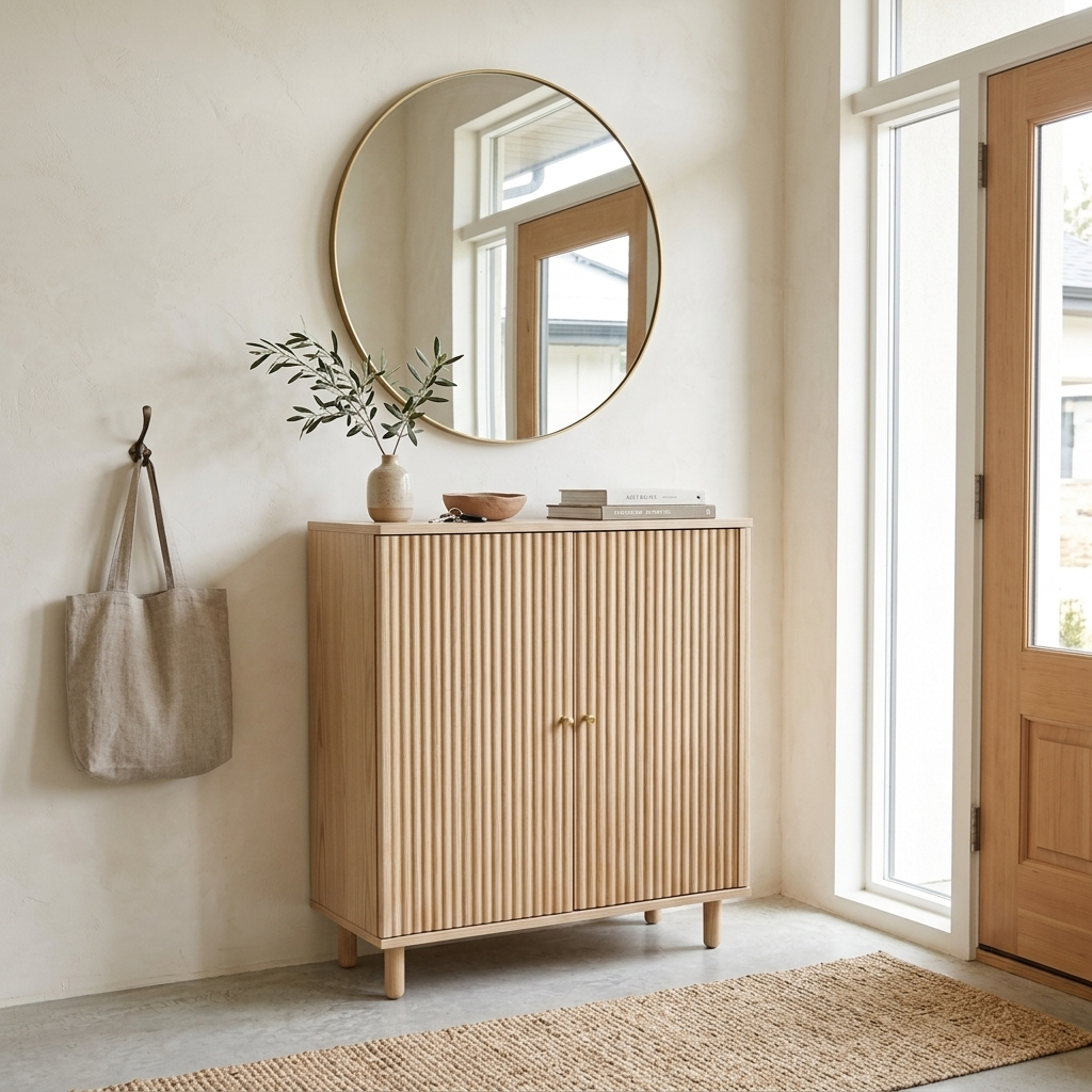 Ash wood fluted shoe storage cabinet styled in a room setting