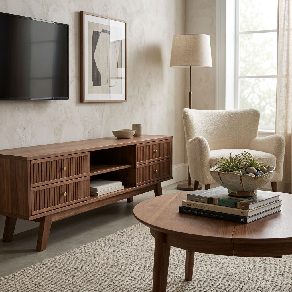 Walnut TV stand and coffee table set angled lifestyle view