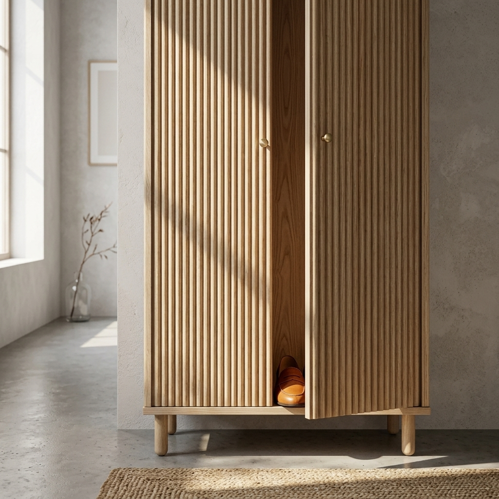 Ash wood fluted shoe storage cabinet close-up detail view