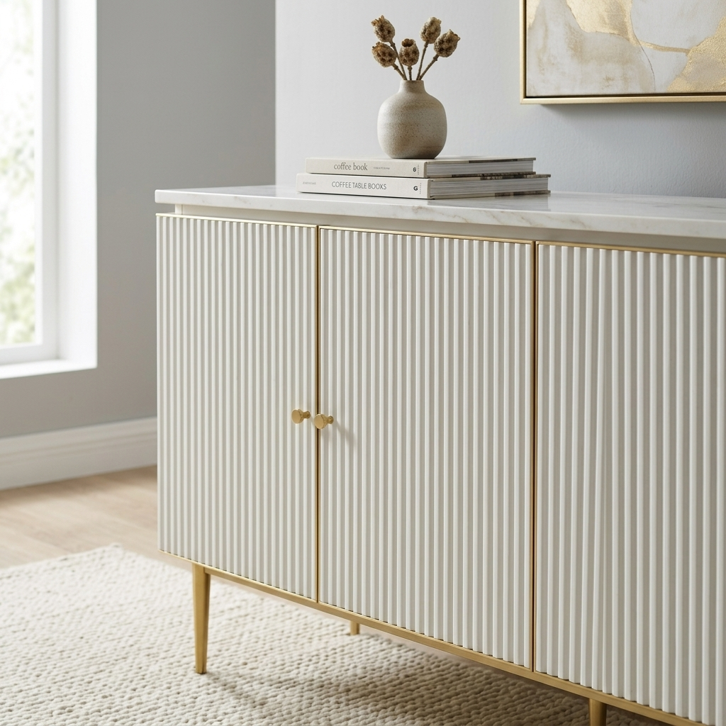 White fluted buffet sideboard with stone top close-up detail view