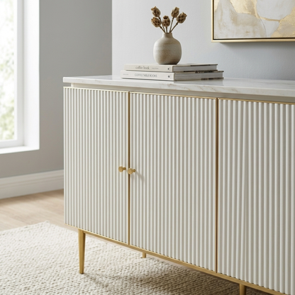 White fluted buffet sideboard with stone top close-up detail view