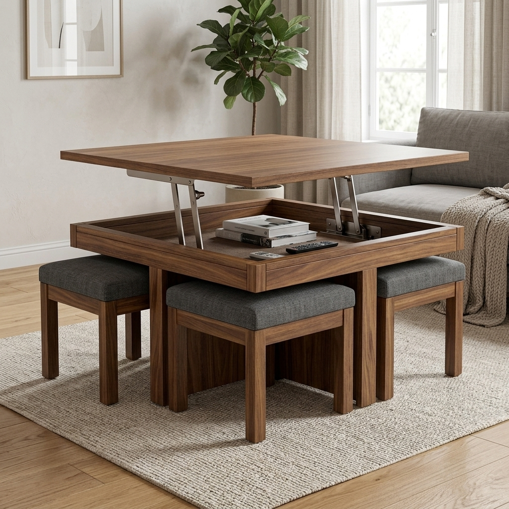 Walnut lift-top coffee table with stools angled lifestyle view
