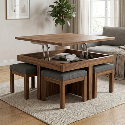 Walnut lift-top coffee table with stools angled lifestyle view