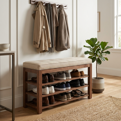 Walnut shoe storage bench with cushion angled lifestyle view