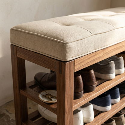 Walnut shoe storage bench with cushion close-up detail view