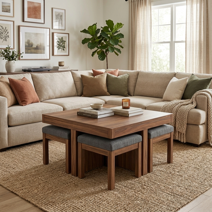 Walnut lift-top coffee table with stools styled in a room setting