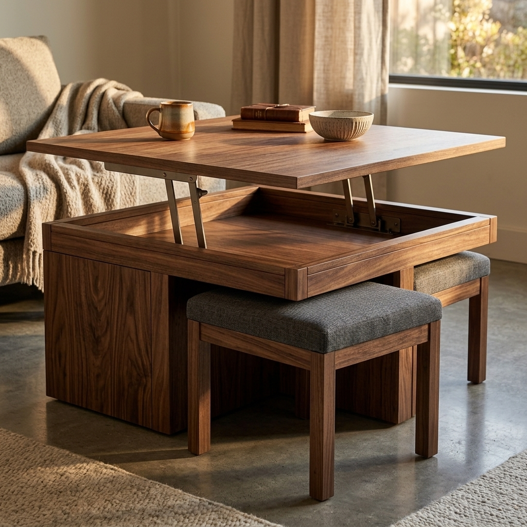 Walnut lift-top coffee table with stools close-up detail view