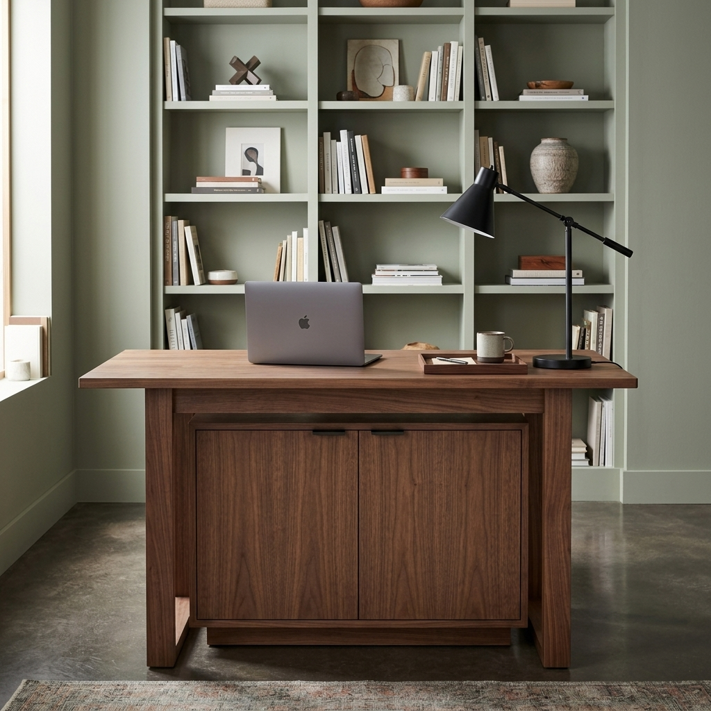 Walnut standing desk with storage cabinet styled in a room setting