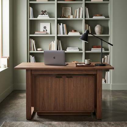 Walnut standing desk with storage cabinet styled in a room setting