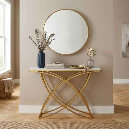 White console table with stone top styled in a room setting