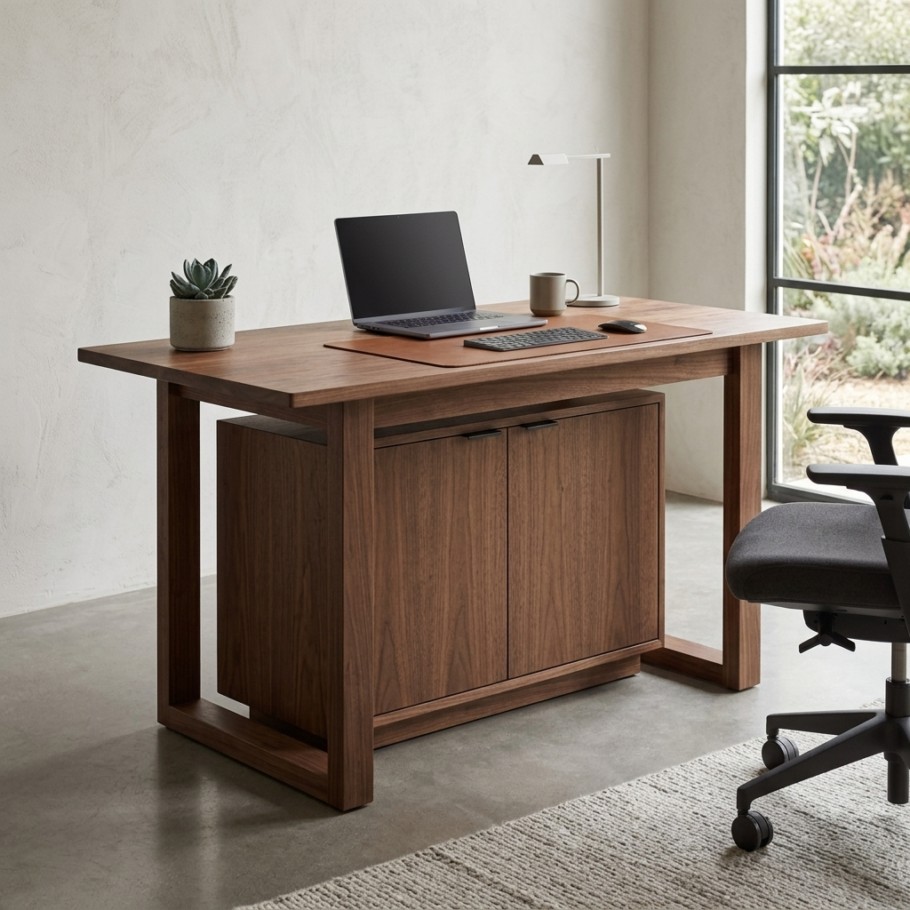 Walnut standing desk with storage cabinet angled lifestyle view