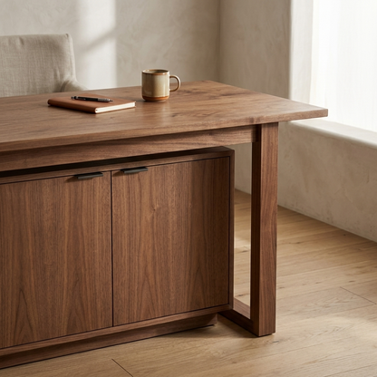 Walnut standing desk with storage cabinet close-up detail view