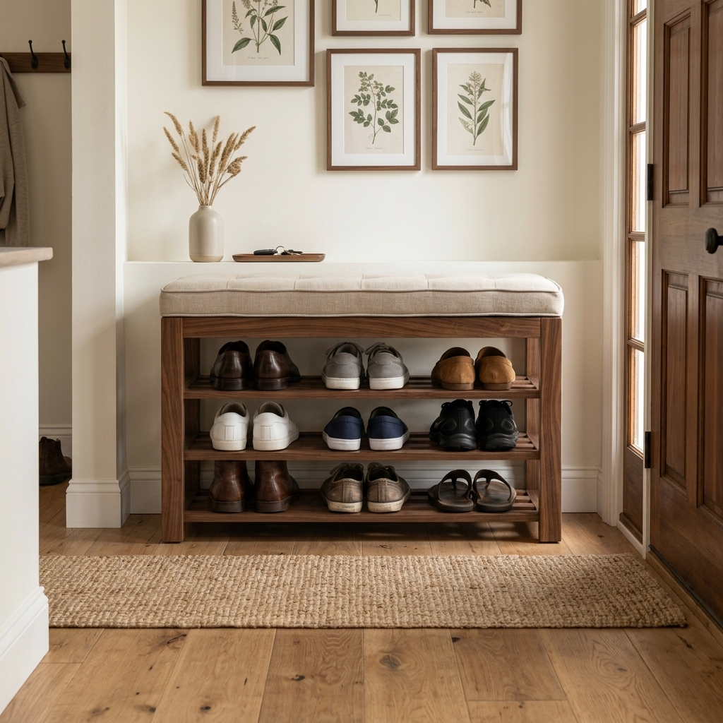 Walnut shoe storage bench with cushion styled in a room setting
