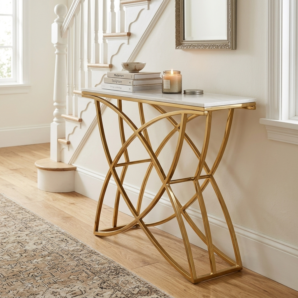 White console table with stone top angled lifestyle view