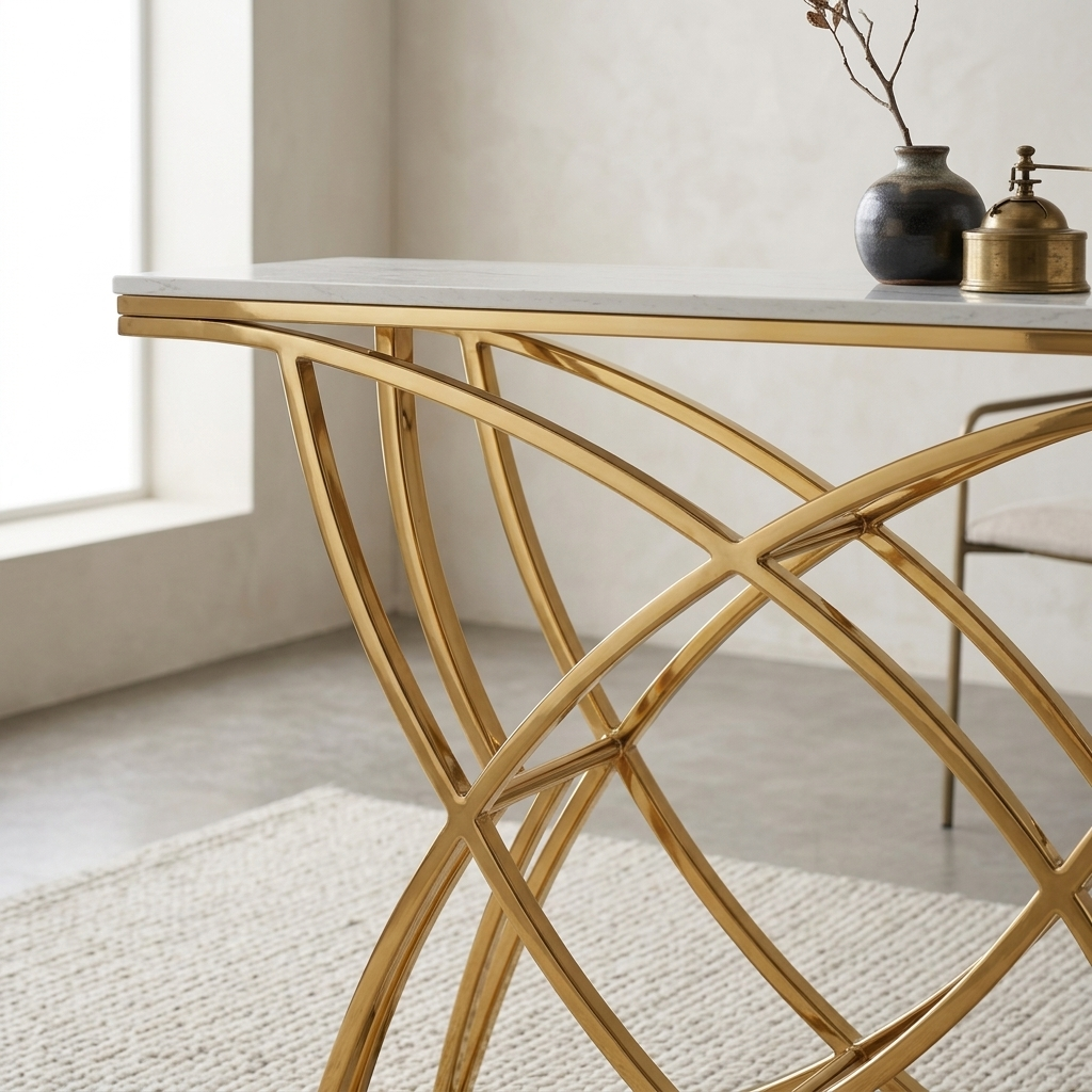 White console table with stone top close-up detail view