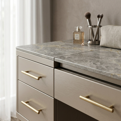 Champagne extendable makeup vanity close-up detail view
