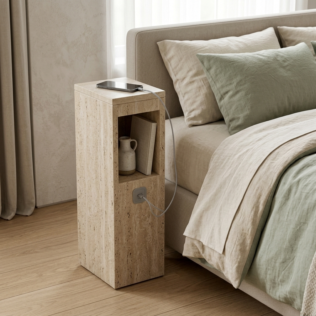 Travertine stone end table with USB port angled lifestyle view