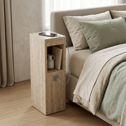 Travertine stone end table with USB port angled lifestyle view
