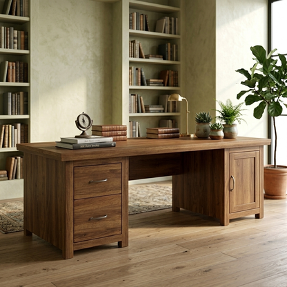 Brown two-person office desk angled lifestyle view