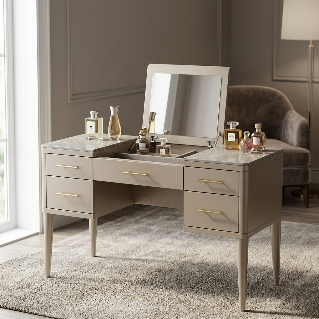 Champagne extendable makeup vanity angled lifestyle view