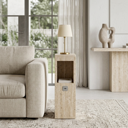 Travertine stone end table with USB port styled in a room setting