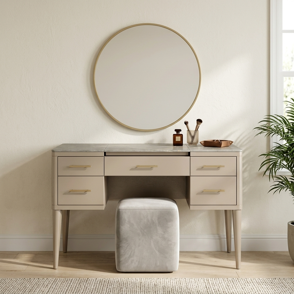 Champagne extendable makeup vanity styled in a room setting