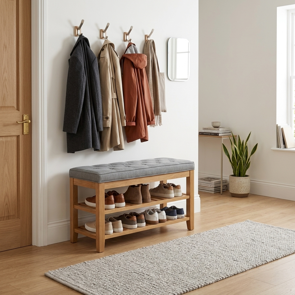 Wooden shoe storage bench with cushion styled in a room setting