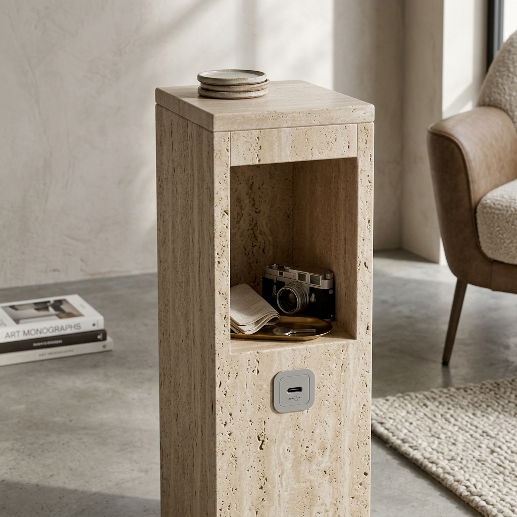 Travertine stone end table with USB port close-up detail view