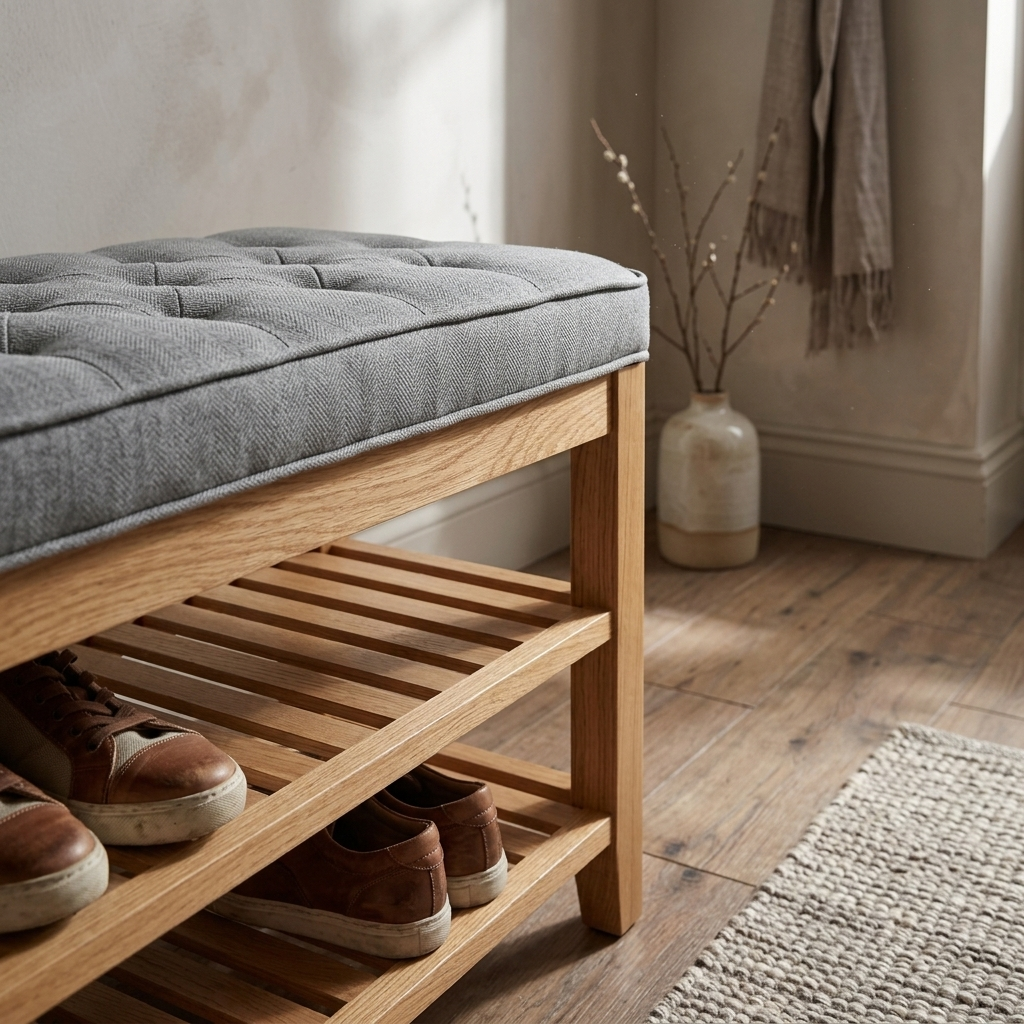 Wooden shoe storage bench with cushion close-up detail view