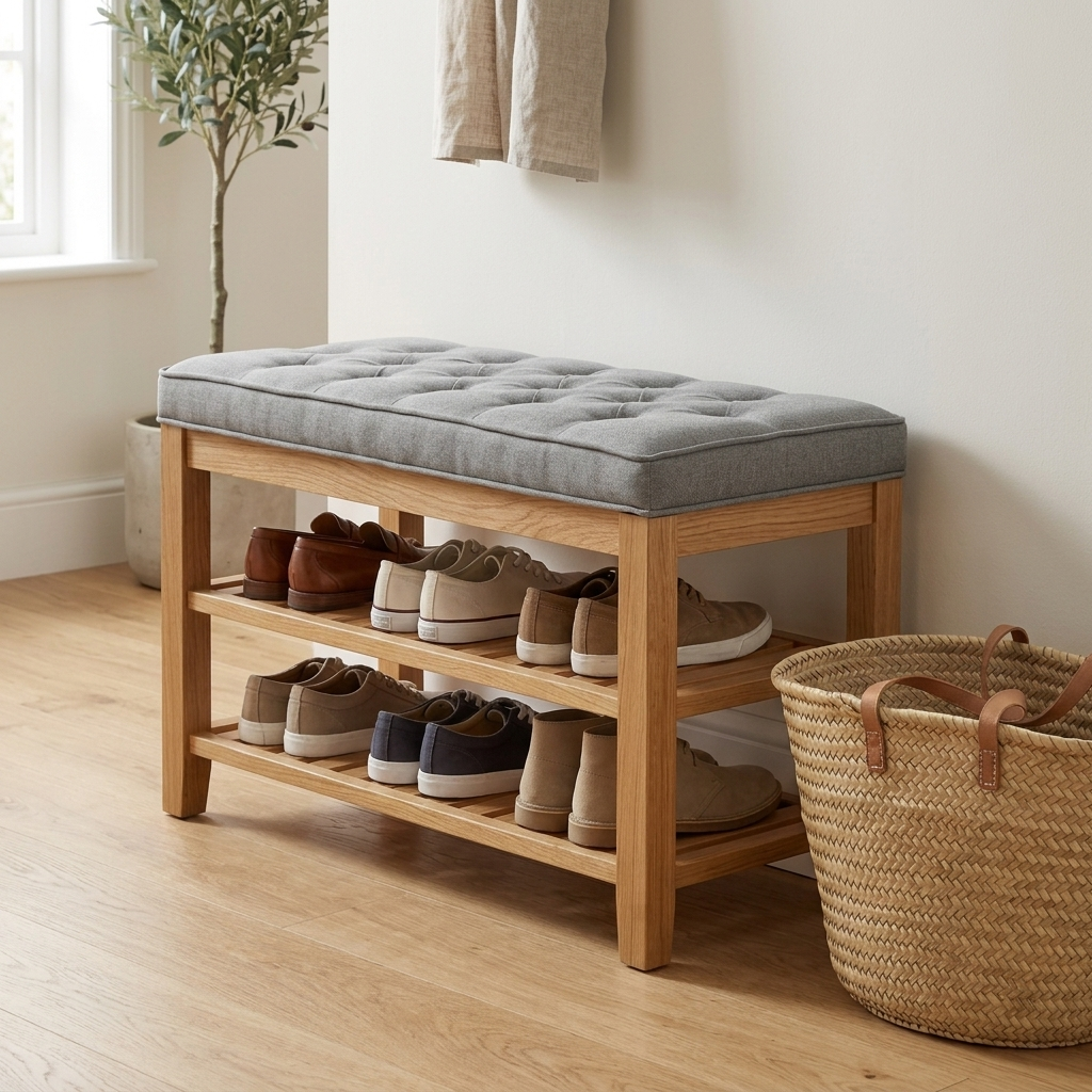 Wooden shoe storage bench with cushion angled lifestyle view