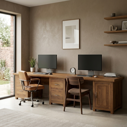 Brown two-person office desk styled in a room setting