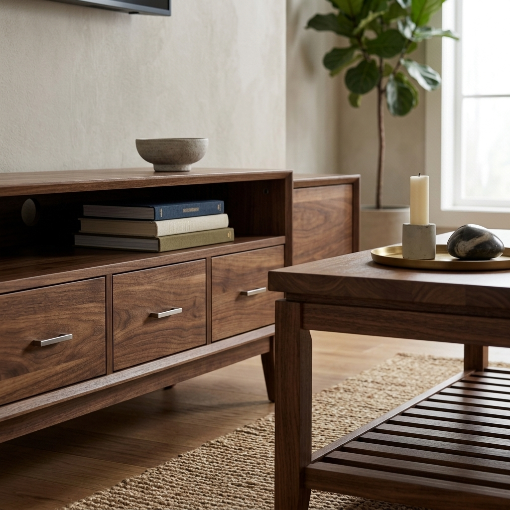 Walnut TV stand and coffee table set close-up detail view