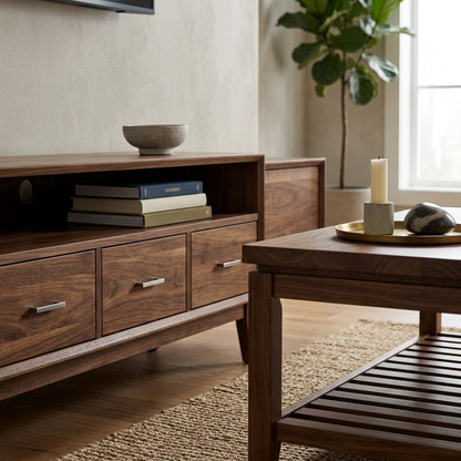 Walnut TV stand and coffee table set close-up detail view